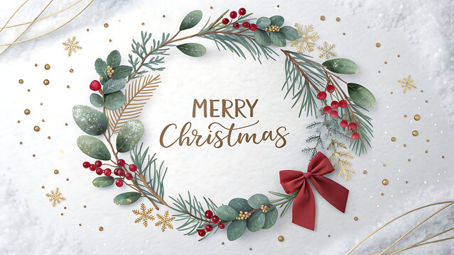 Elegant Christmas Greeting Design Featuring Green Holly Wreath with Red Berries and Gold Snowflakes Decorations transparent background