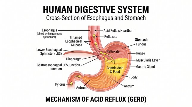Human digestive system cross section diagram of esophagus and stomach showing mechanism of acid reflux GERD with labeled parts including lower esophageal sphincter fundus rugae and gastric acid, medic