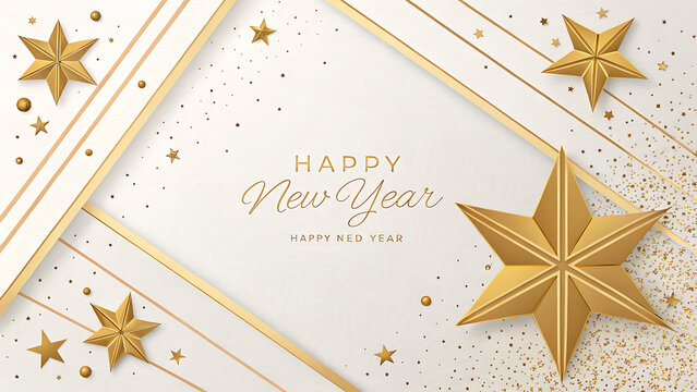 Elegant Happy New Year Greeting Design Featuring Gold Stars and Sparkling Dots on Light Background transparent background