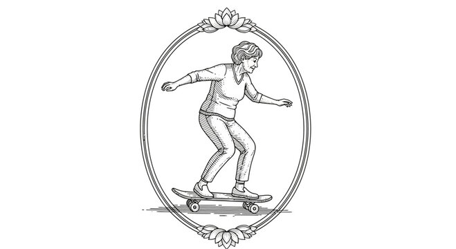 Senior Woman Skateboarding Vintage Illustration