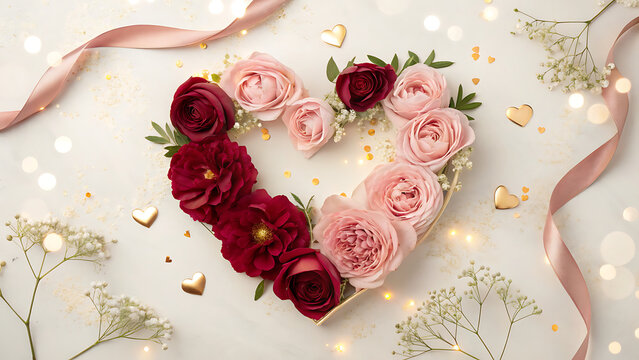 Elegant heart shaped floral arrangement with pink and red roses surrounded by decorative ribbons and lights transparent background
