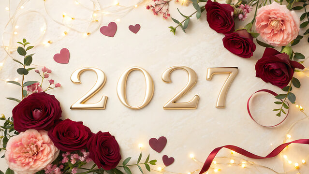 Elegant New Year 2027 celebration design featuring roses flowers hearts and decorative lights on light background transparent background