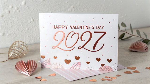 Happy Valentines Day card design featuring hearts and decorative elements for 2027 celebration transparent background