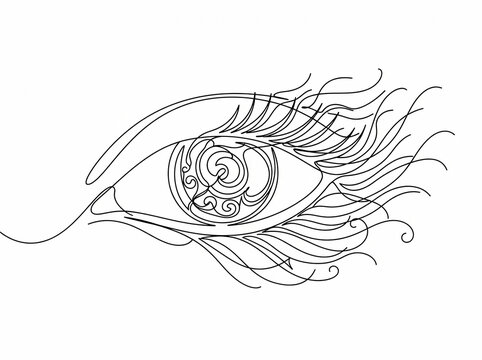 A minimalist black and white continuous line art illustration of an elegant eye with intricate swirling iris patterns and flowing eyelashes, isolated on white, creating a mysterious artistic mood.