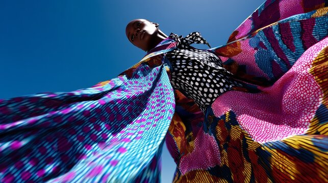 Dramatic close-up of flowing African print sleeves in motion