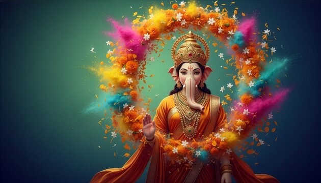 Artistic illustration of the elephant god deity in orange robes, raised hand in blessing, encircled by a vibrant ring of colorful powder splash and marigold flowers against a teal gradient backdrop.