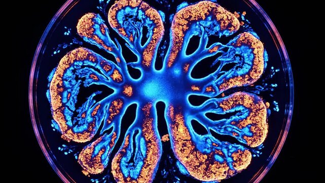 Bioluminescent bacterial cultures in petri dish under UV light