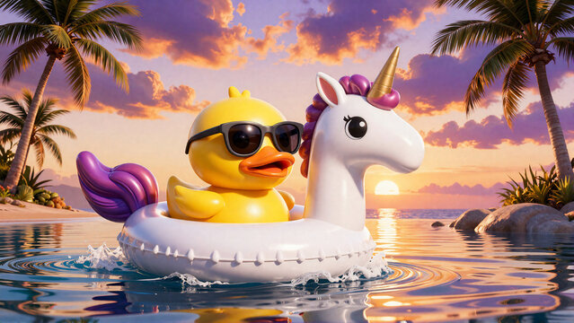 Rubber duck wearing sunglasses on a unicorn float in tropical sea