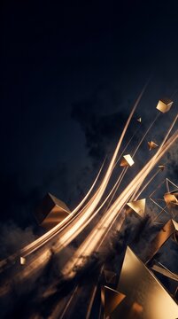 暗闇に浮遊する金色の幾何学立体と光の軌跡、未来的な世界観を表現した背景