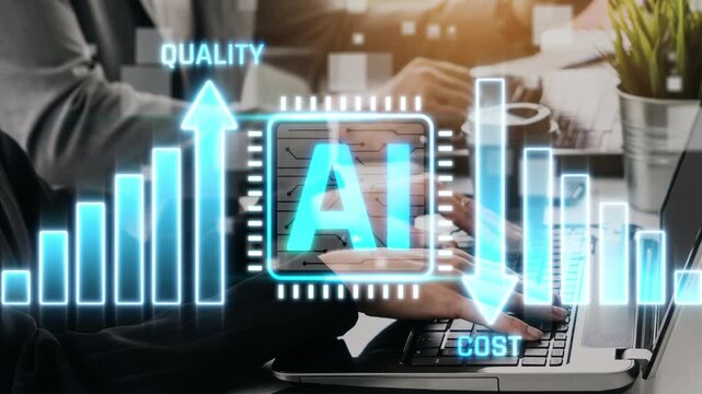 Business Professionals Analyzing Artificial Intelligence Impact on Quality and Cost with Digital Graphs in Modern Office Environment Sigmoid