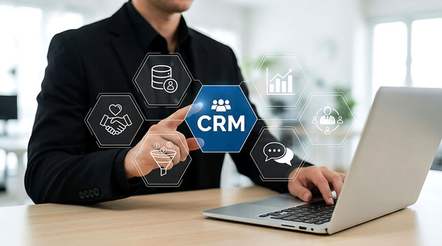 Businessman using CRM customer relationship management software on laptop in office