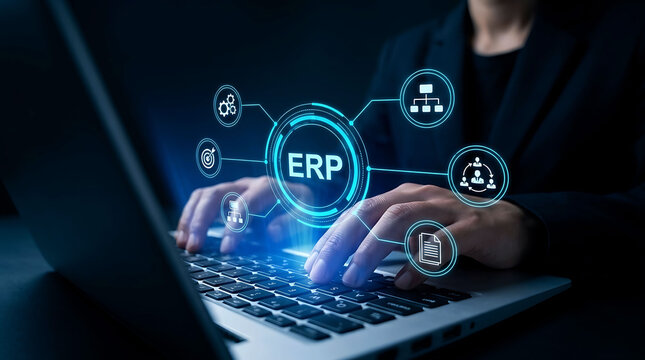 Businessman typing on laptop managing enterprise resource planning ERP software system
