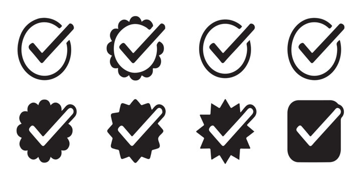 Collection of verified check mark icons in various badge and stamp styles for user interface design and web application validation.