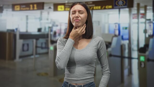 Young woman touching neck and grimacing while waiting at airport terminal kiosk and self service gate area; travel delay discomfort.