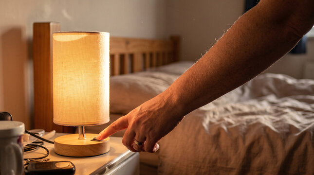 Hand Turning on Bedside Lamp in Dark Room
