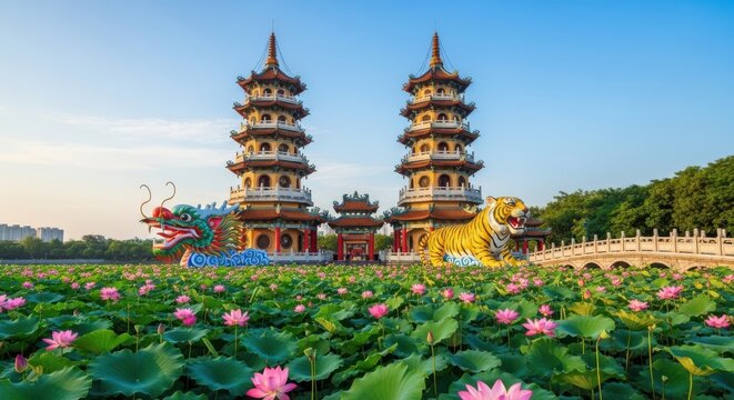 Dragon and tiger pagodas with lotus flowers in a pond in kaohsiung taiwan