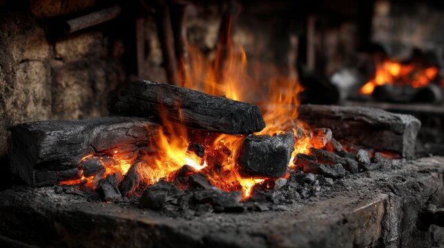 Blacksmith forge burning with charcoal and bright orange flames closeup