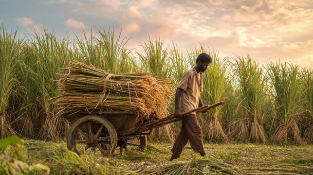 Farmer pulling wooden cart loaded with sugarcane at golden sunset