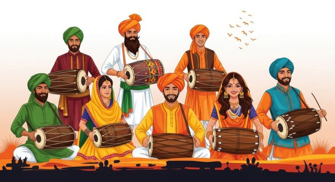 Group of indian people in traditional clothes playing dhol drums for a festive cultural celebration