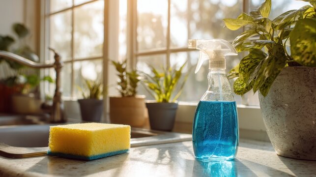 Spray bottle with blue cleaning solution and yellow sponge on sunny kitchen counter