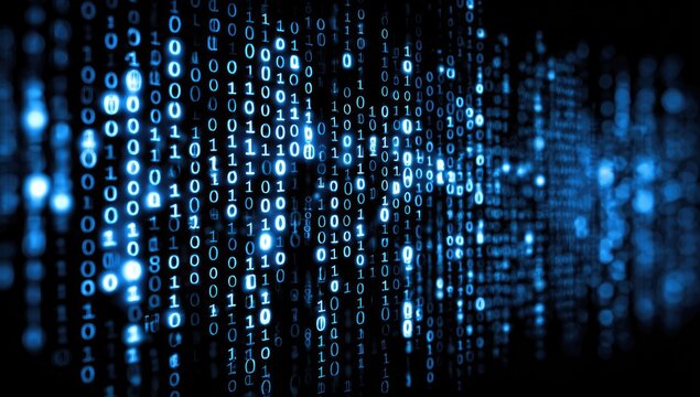Digital abstraction featuring a glowing cascade of binary code on a dark background, evoking a sense of data flow