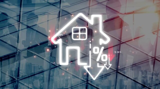 Conceptual image of declining real estate market with housing symbol, percentage mark, and silhouettes of business people in a modern urban environment Sigmoid