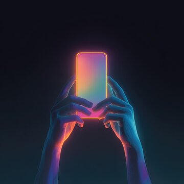 Digitally rendered hands cradle a glowing, colorful rectangle, suggestive of a smartphone's display against a deep black background
