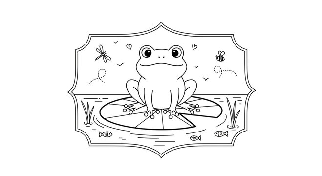 Frog sitting on a lily pad in a pond with insects