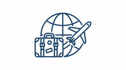 Fototapeta premium A simple blue line icon depicting global travel with a suitcase and airplane