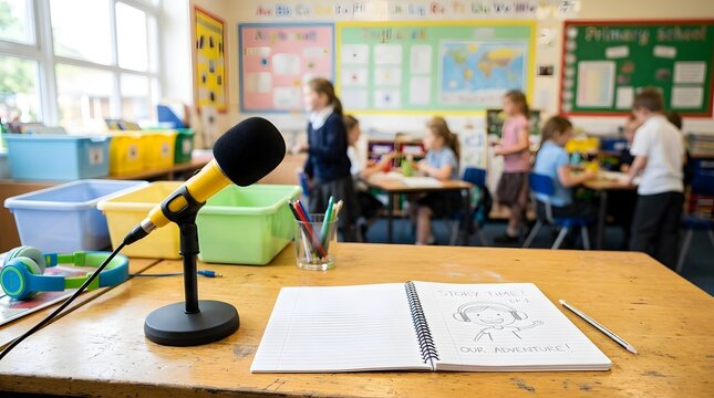 School podcast studio with a microphone sits on a school desk with students working in the background.