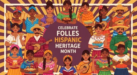 Fototapeta premium Diverse group of happy people celebrating hispanic heritage month with traditional colorful clothing