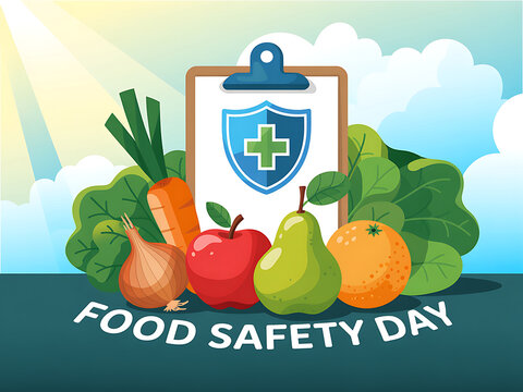 World food safety day concept with fresh fruits and vegetables and health check clipboard, nutrition