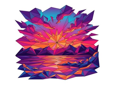 Geometric abstract sunset over water and mountains low poly style