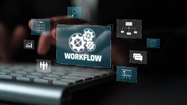 Workflow optimization concept featuring interconnected gears, task management, collaboration, process mapping, review, and automation for business productivity and efficiency Marrow