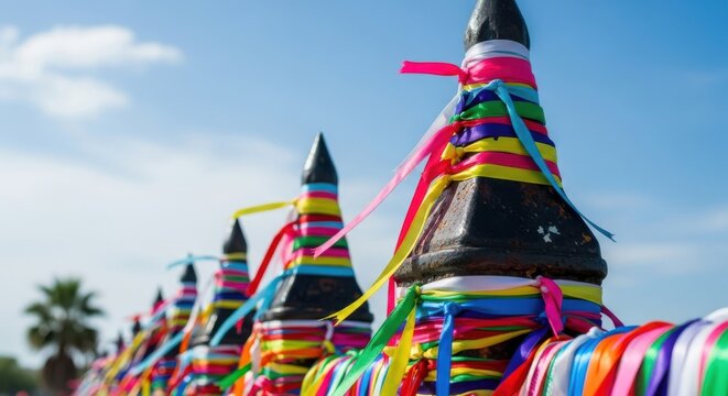 Colorful prayer flags tied around sacred stone stupas under a bright blue sky
