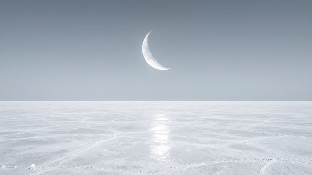 Serene crescent moon shining over a vast and tranquil salt flat desert landscape under a clear pale sky with soft reflections on the ground in a minimalist surreal dreamscape view