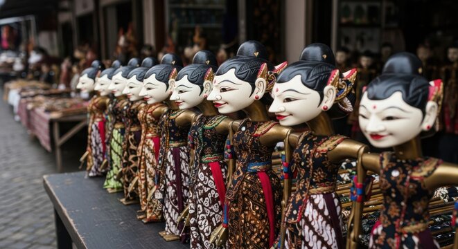 Traditional indonesian wayang golek wooden rod puppets standing in a row