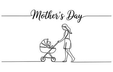 Continuous single line drawing of a mother pushing a baby in a stroller for mothers day celebration card design