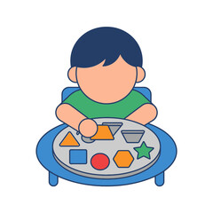 Fototapeta premium Little boy playing with colorful geometric shape matching toy puzzle
