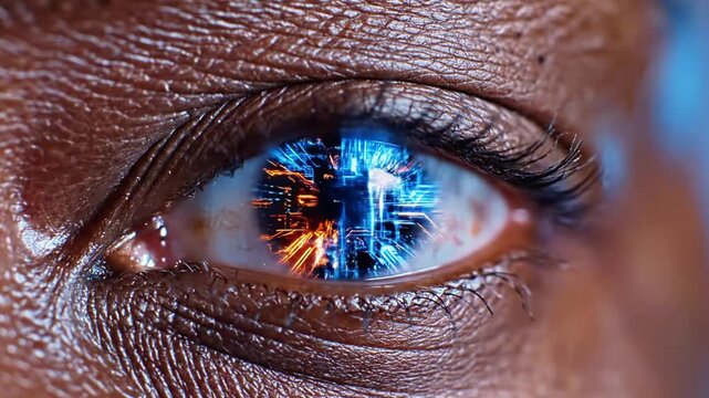 Close up human eye with glowing digital circuit iris reflection