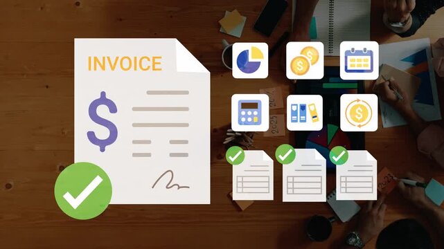 Invoice Document with Currency Symbol and Business Icons on Wooden Desk with Office Supplies and Tools Illustrating Financial Management Process Gluon.