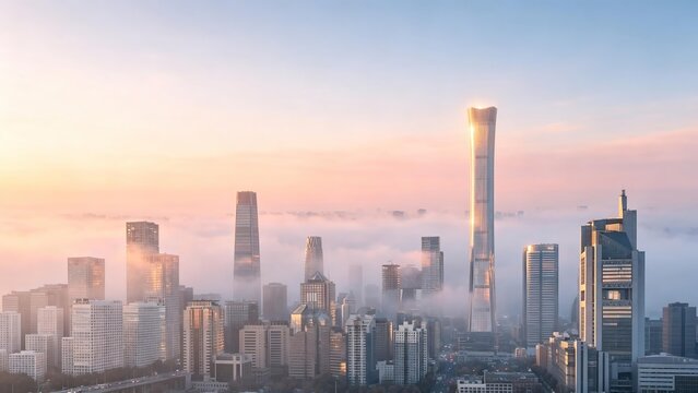 Beijing Skyline with Skyscrapers Rising Above Morning Fog at Sunrise