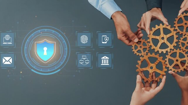 Collaborative Business Partnership on Cybersecurity with Digital Icons and Gears Representing Modern Technology Solutions and Data Protection Strategies Gluon.