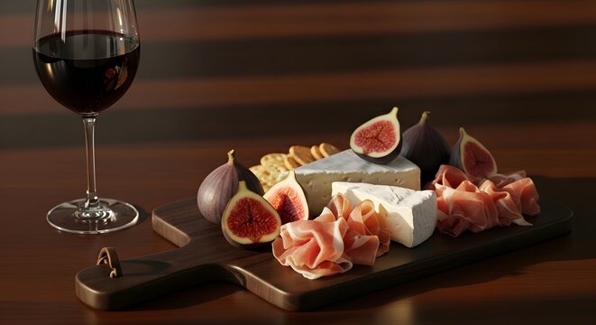 Elegant Cheese and Wine Pairing with Figs and Prosciutto on a Wooden Board.