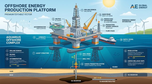 Offshore Oil Rig Diagram with Energy Production Platform and Subsea Drilling Infrastructure