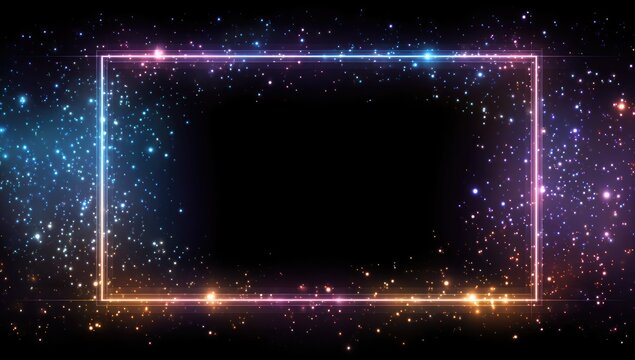 A vibrant rectangle frame glows with various colors against a starry night background. The black center invites text or image insertion
