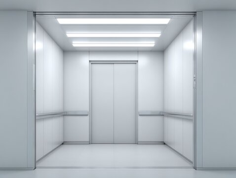 An interior shot of a stark, modern elevator. Its walls, ceiling, and doors are a uniform white, illuminated by overhead fluorescent lights