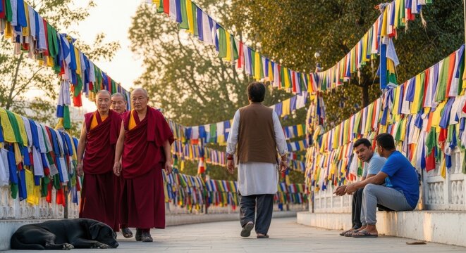 Buddhist monks walking in a street decorated with colorful prayer flags in india