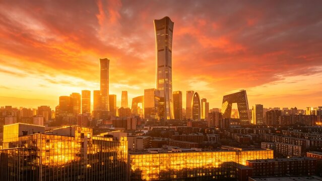 Beijing CBD Skyline at Sunset with Iconic Skyscrapers