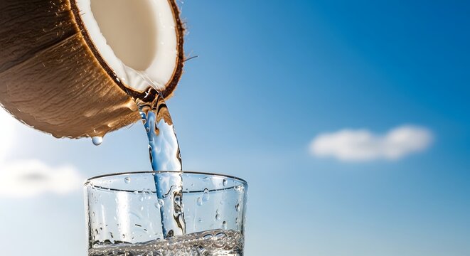 Fresh coconut water pouring into a glass under a clear blue sky.